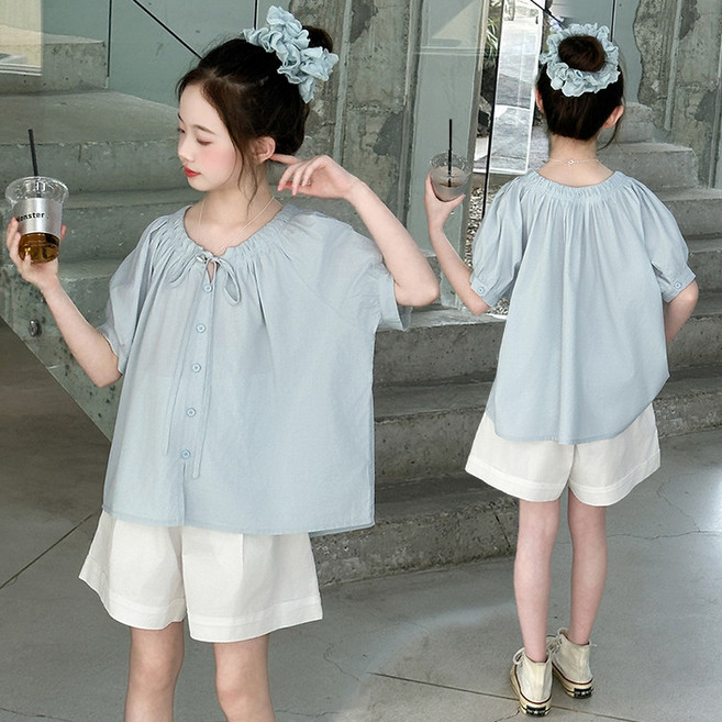 비비키드 주니어 상의 초등생 하의 세트 퍼프 소매 블라우스 여아 여름 세트 초중생 반팔티 반바지 초등생 상하세트 (2573)