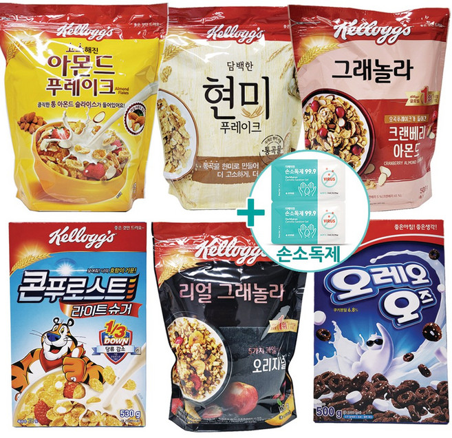 코스트코 시리얼 모음 켈로그 아몬드 푸레이크 600G 현미 푸레이크 600G 크랜베리 아몬드 그래놀라 500G 리얼 그래놀라 400G + 더메이런손소독제, 1개