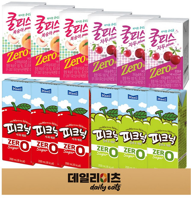 제로칼로리 드링크 팩음료 4종 12개 (피크닉 제로슈거 사과 & 청포도) (쿨피스 제로 복숭아 & 자두), 1박스, 200ml