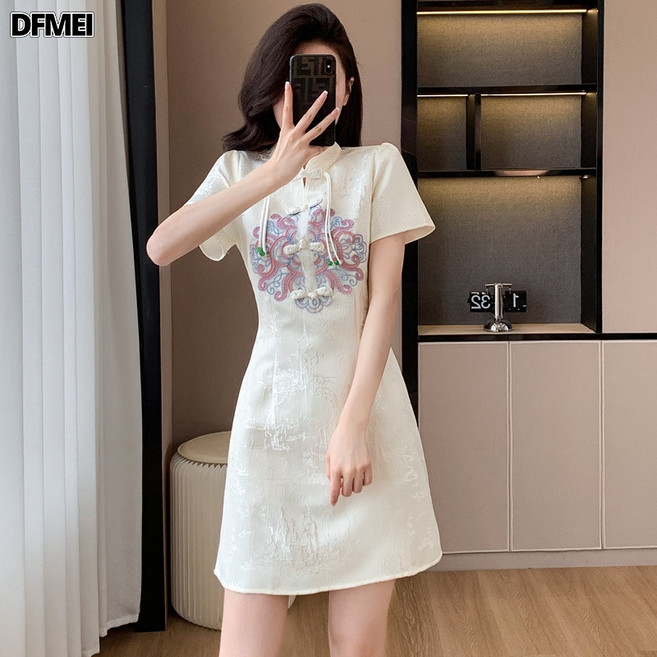 DFMEI 實拍 夏國潮少女甜美氣質新中式國風刺繡盤扣改良旗袍連衣裙