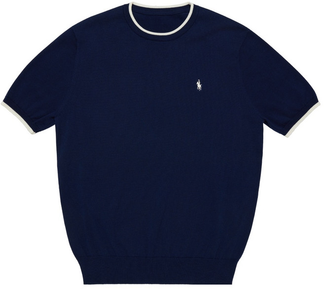 라파클럽 남성 배색 라운드넥 반팔 니트 스웨터 면 100% 여름 자수 로고