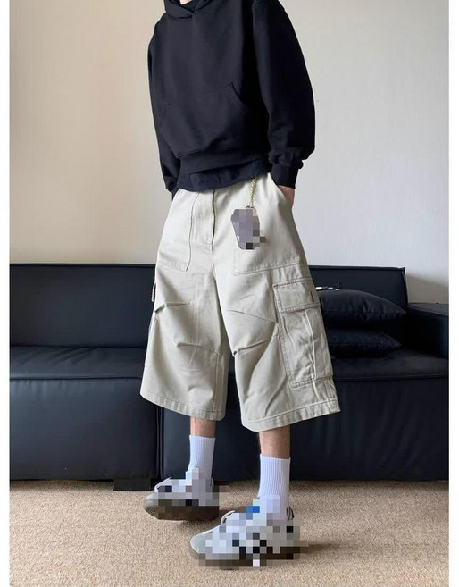 日系復古大口袋闊腿工裝七分褲 男女夏季寬鬆休閒水洗機能短褲