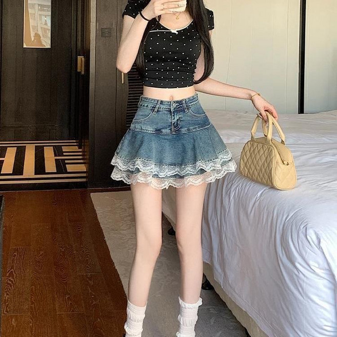 여자 여름 스커트 이중 레이스 데님 스커트 속바지 있음 미니스커트