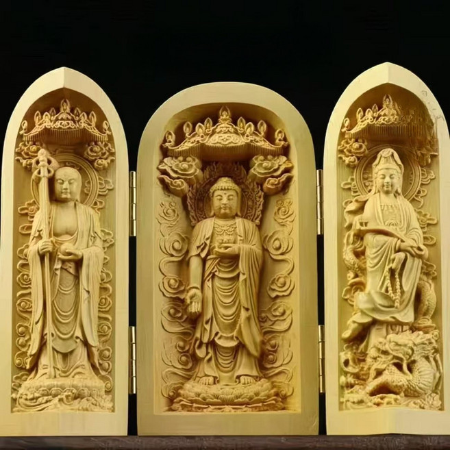 小葉黃楊木雕刻佛像擺件 三開盒工藝, 婆娑三聖