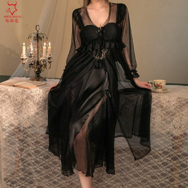 性感深V鏤空透視蕾絲長款睡裙外袍家居服套裝女