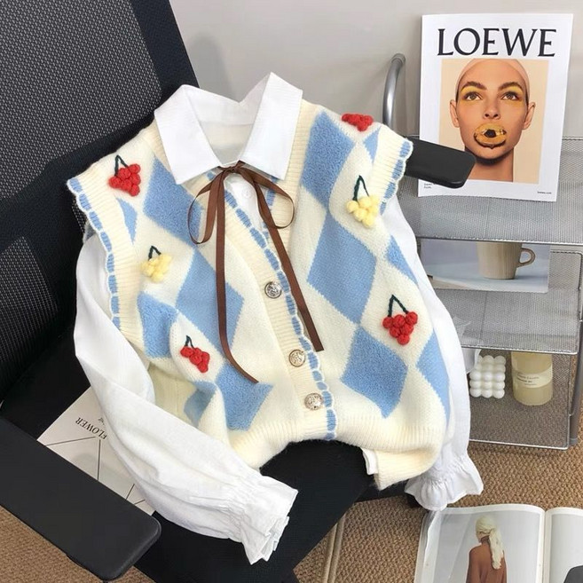 COSYEVNO 여성 니트조끼 가을 브이넥 체크 자카드 모던 루즈핏 캐주얼 아카데미 쇼트 버튼 나시 CXJmj-10