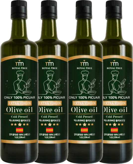 로얄트리 스페인 최상급 피쿠알 단일품종 냉압착 엑스트라버진 올리브오일, 4개, 1L