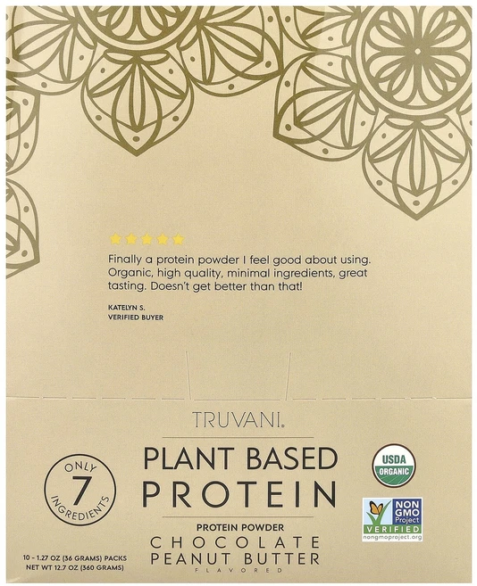 새해 건강을 선물하세요 Truvani 식물성 단백질 초콜릿 땅콩 버터 10팩 각 36g(1.27oz) 특별관리진행, 36g - 쿠팡