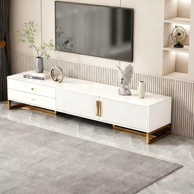 YAPOGI 가정용 수납 가능 서랍형 서랍장 대리석 무늬 TV장 모조 세라믹 거실장 가정용 거실장, 화이트+골드 2 서랍