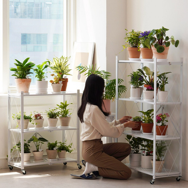 친절한마이쮸 접이식 철제화분선반 철제 폴딩 원터치 이동식 선반, 화이트 3단, 화이트