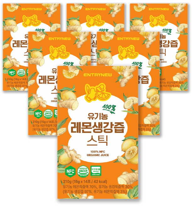 엔트리뉴 유기농 레몬생강즙 원액 100%스틱 레몬진저 NFC착즙, 6박스, 210g