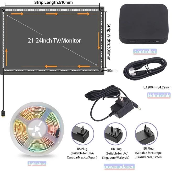 스마트 AI 화면 동기화 상자 주변 LED 스트립 TV PC 모니터 백라이트 HDMI 2.0 4K 게임 음악 조명 WIFI Ale, 04 발광 Color3, 01 CHINA, 01 US Plug