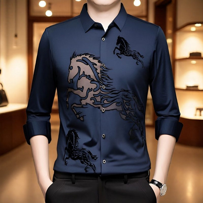男士提花長袖襯衫, 1個, 高檔襯衫-藍色185/3XL 165-185斤