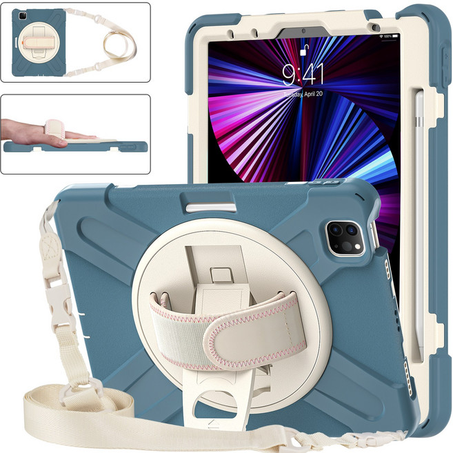 아이패드 프로 11인치 4/3/2/1 세대 케이스 2021 2020 아이패드 에어 4 /5 케이스와 펜슬 홀더 킥스탠드 숄더 스트랩, 푸른, 아이패드 프로 11인치/아이패드 에어 4, 1개