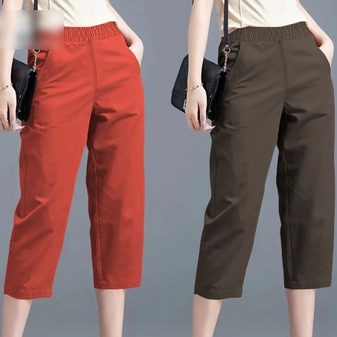 ROYALBELLE 1+1세트 여성 7부 팬츠 밴딩 통바지 여름 얇은 쿨링 바지 데일리 캐주얼 E0061208