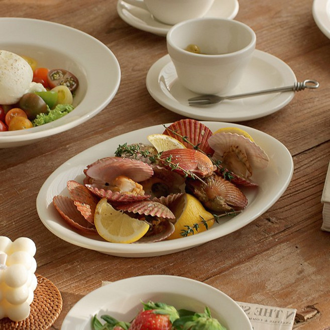 [시라쿠스] 뉴욕 화이트 크림 도자기 파스타 감바스 요리 디너 타원볼 26cm, 1개