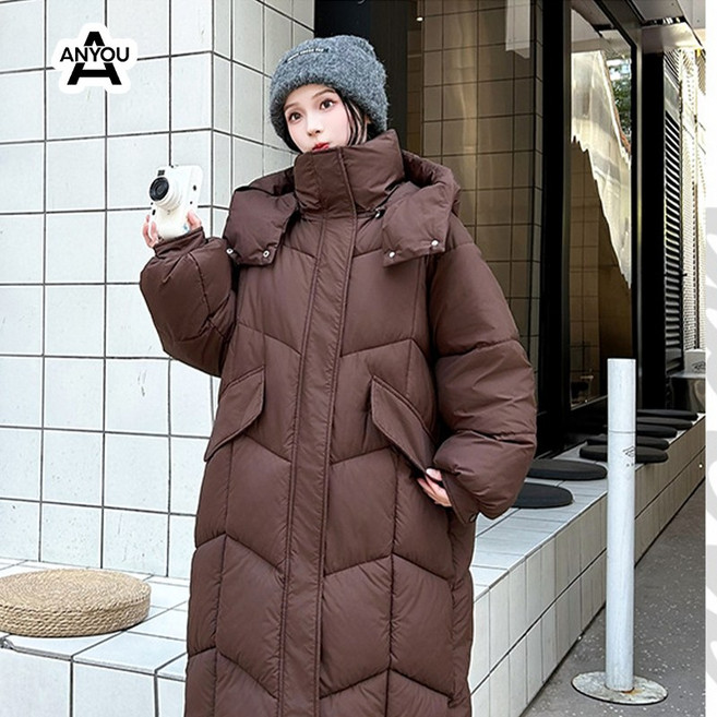 ANYOU 여성 롱패딩 두툼한 겨울 패딩 자켓 탈부착 후드 롱코트 오버핏 아우터 따뜻한 데일리 패션 점퍼