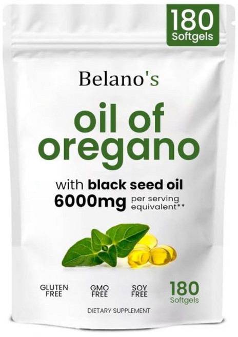 Belano's Oil of Oregano Softgels 2-in-1 Complex Oil of Oregano Softgels with Black Seed Oil 6000, 1 Bag