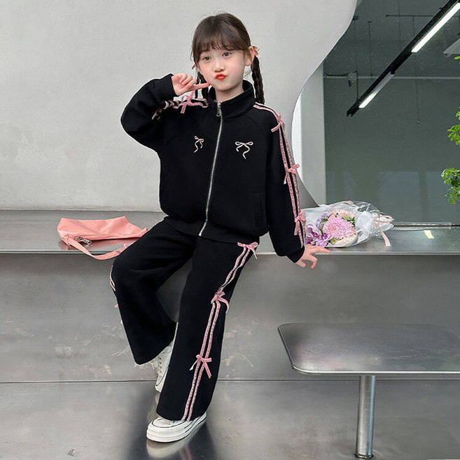 UPPERCUT 여아 러블리 핑크 리본 포인트 트레이닝 상하 세트 발레코어룩 츄리닝