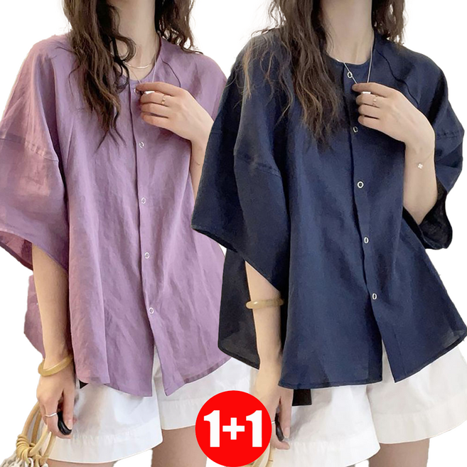 지고다그 1+1 여성 여름 반팔 블라우스 셔츠 데일리 빅사이즈 시어서커 셔츠 GJXA0001