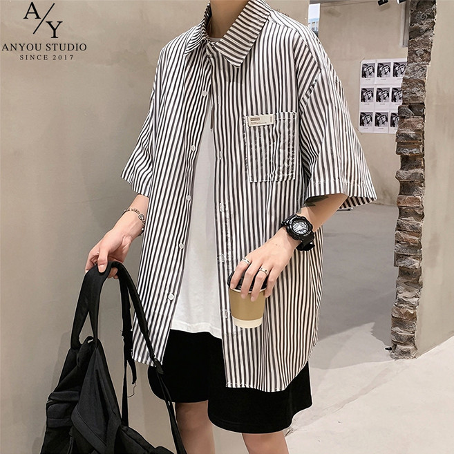 ANYOU 스트라이프 셔츠 여름 남자 패션셔츠 빅사이즈 루즈핏셔츠 캐주얼 반팔셔츠