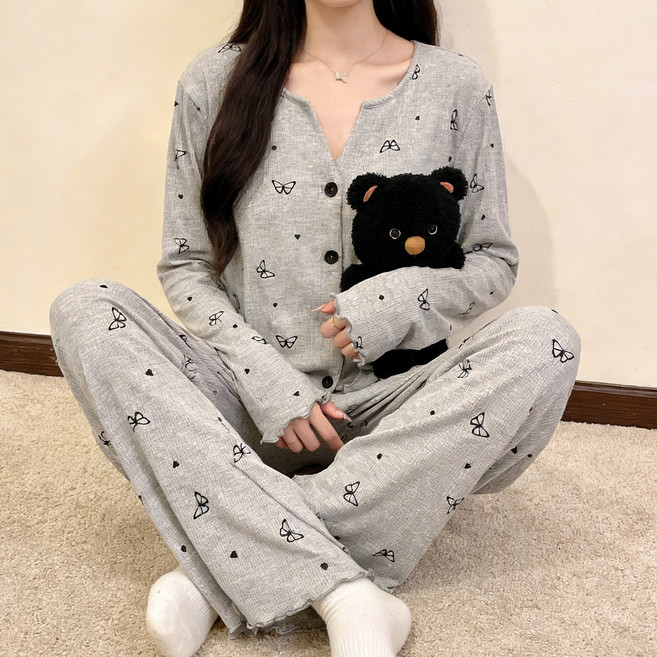 ORVIA 여성 봄가을 긴팔 잠옷 가디건 파자마 홈웨어 부드러운 수면웨어 상하세트