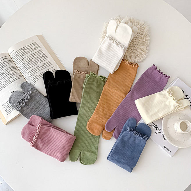 일본 조리 여성양말 패션 엄지발가락 비비드컬러 골지 프릴 타비양말 3켤레세트