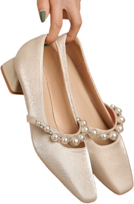 굽 낮은 웨딩화 진주 일자 단화 통굽 스퀘어 여성화 신부화 3cm M 뉴타임즈 L760F344