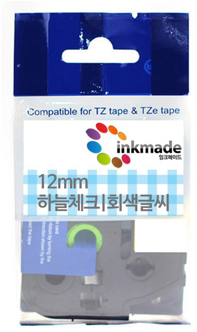 잉크메이드 브라더 호환 라벨 테이프 라벨지 PT-P300BT P300BTLB PT-P710BT P710BTWH PT-D200 PT-P900W PT-P700 D600, 12mm_TZe-MPBP36(하늘체크/회색글씨)