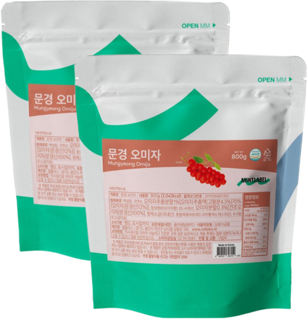 민트라벨 문경 오미자 에이드 아이스티 음료 파우, 1개입, 800g, 2개