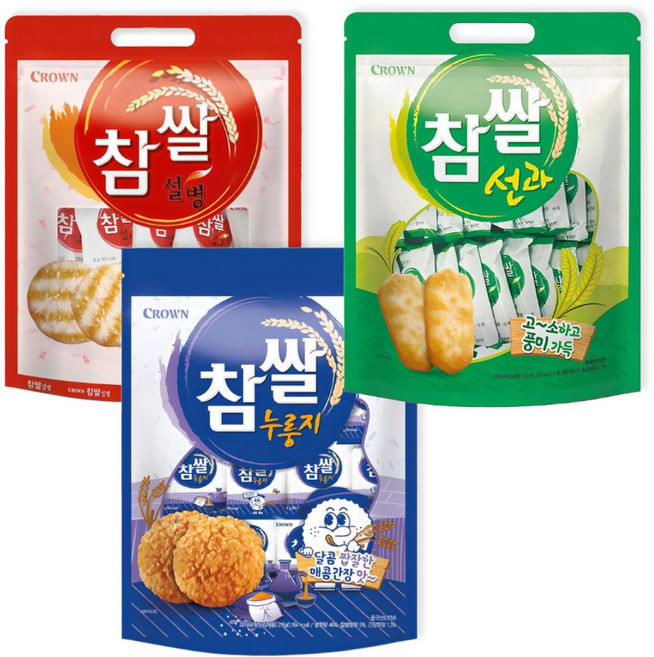 크라운 참쌀 설병 + 참쌀 선과 + 참쌀 누룽지 찹쌀과자 3종세트, 1, 270g