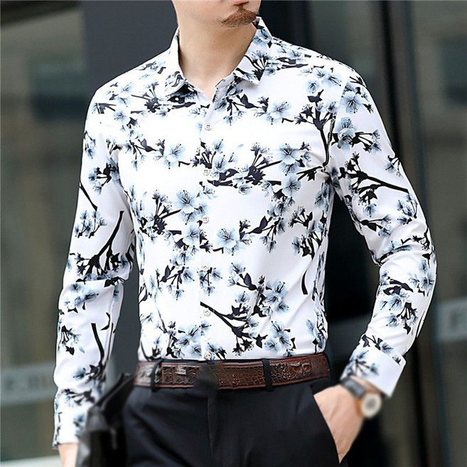 ROYALBELLE 남성 봄가을 고급 꽃무늬 슬림 긴팔 셔츠 칼라 디자인 E0112619