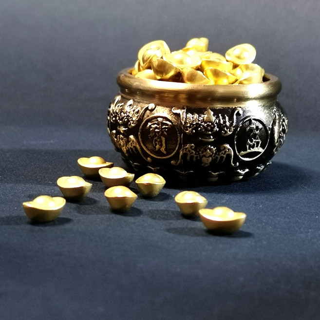 八福聚寶盆 1cm 砂金合金元寶 擺件, W1仿古八福聚寶盆
