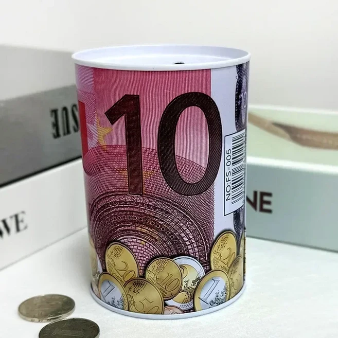 돈을 절약하는 Tinplate 실린더 상자 재사용 가능한 가정용 동전 트레이 저장 탱크 어린이 유로 그림, 01 10