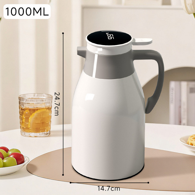 1000ml 保溫水壺 按壓式 玻璃內膽 熱水瓶, 1個, 象牙白1.0升升級數顯款+加厚內膽+長效保溫
