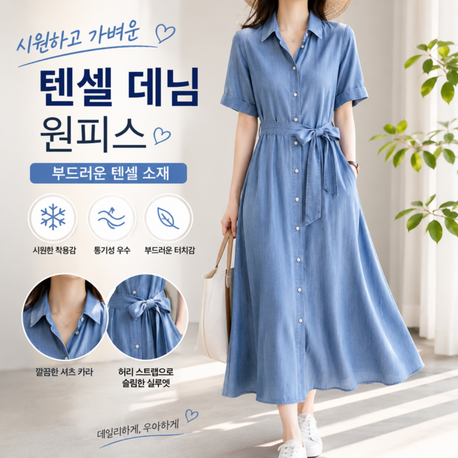 POMTOR 여성용 루즈핏 텐셀쿨데님 원피스 롱 A라인