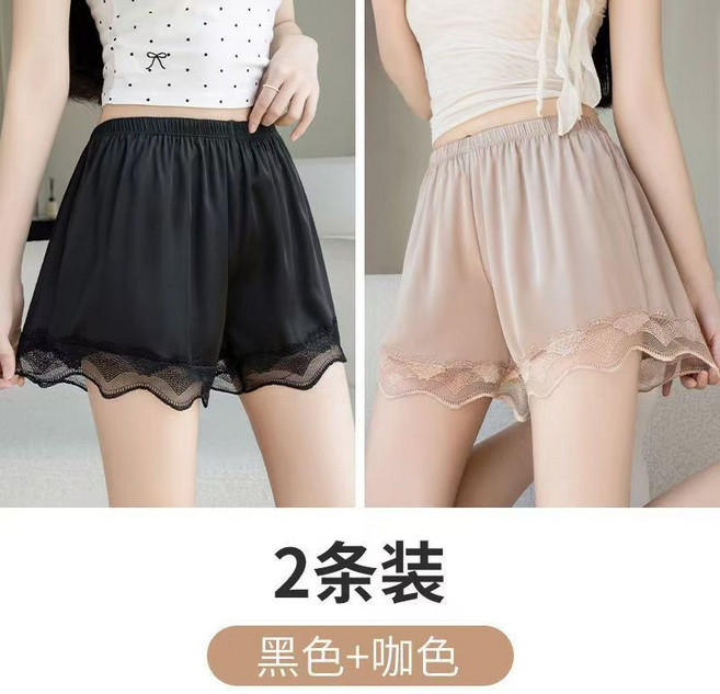 冰絲蕾絲花邊安全褲 短褲 女 夏季薄款防走光居家外穿3條裝, 1個, 黑色+咖色【冰絲蕾絲+透氣防走光】L 適合100-130斤