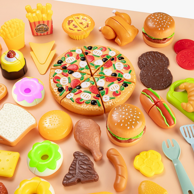 토요요 유아 소꿉놀이 세트 햄버거 장난감 피자놀이 음식 장난감 자르기 장난감 주방놀이 역할놀이 Q-HB1, 85개
