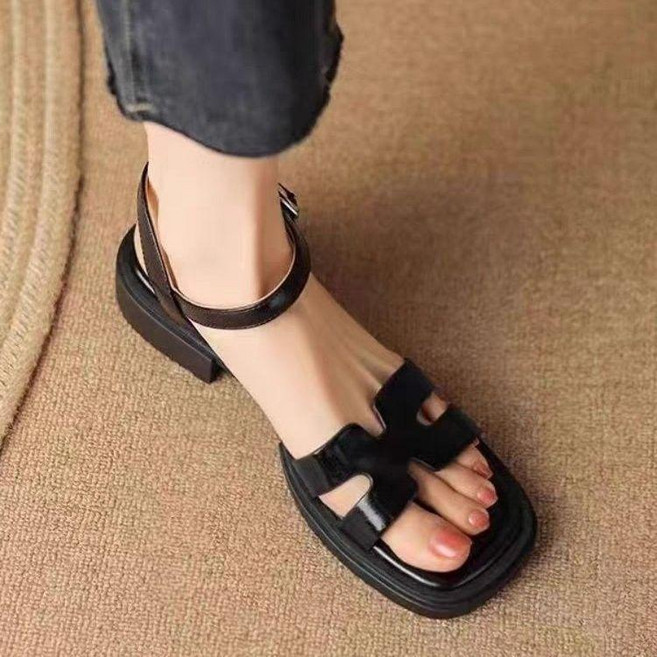 羅馬涼鞋 女 平底軟皮一字帶夏季韓版休閒涼鞋, 黑色,40