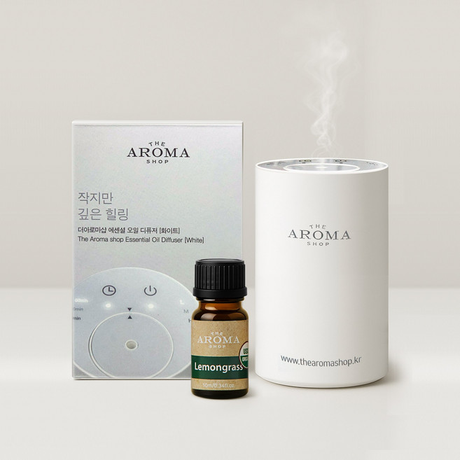 [전자 디퓨저+에센셜오일 1종] 네뷸라이징 실내 차량용 방향제 / C타입 USB 충전식 무선 아로마 디퓨저 세트 / 자동분사 더아로마샵, 1개, 10ml, 전자디퓨저(화이트)+오가닉 레몬그라스 10ml