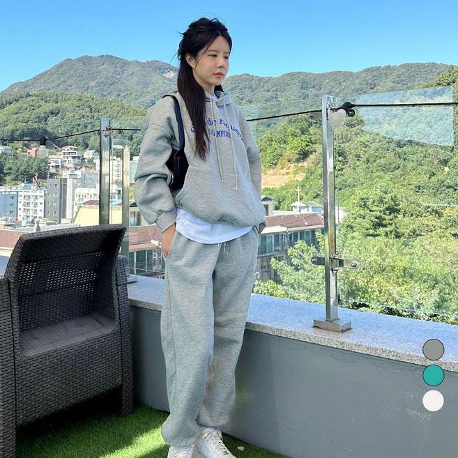 디테일웨어 여성 기모 후드 트레이닝세트 라켓 레터링 티셔츠 밴딩 조거팬츠 오버핏 상하의 세트 여자 츄리닝