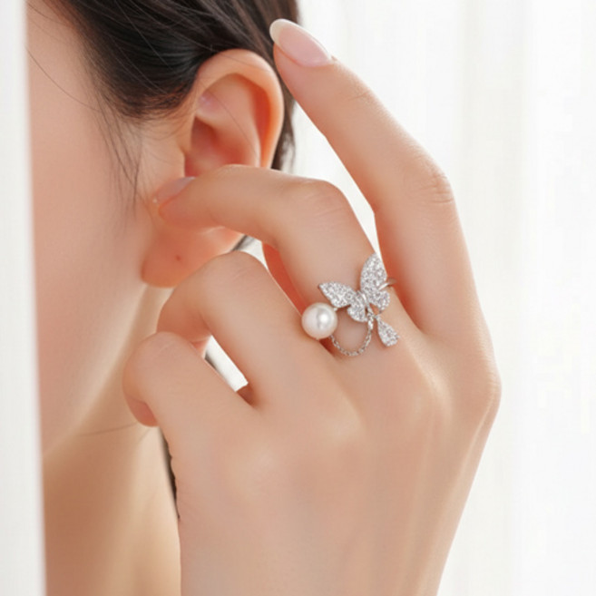 여성 로맨틱 큐빅 나비 드롭 체인 진주 오픈 링 반지 A2783