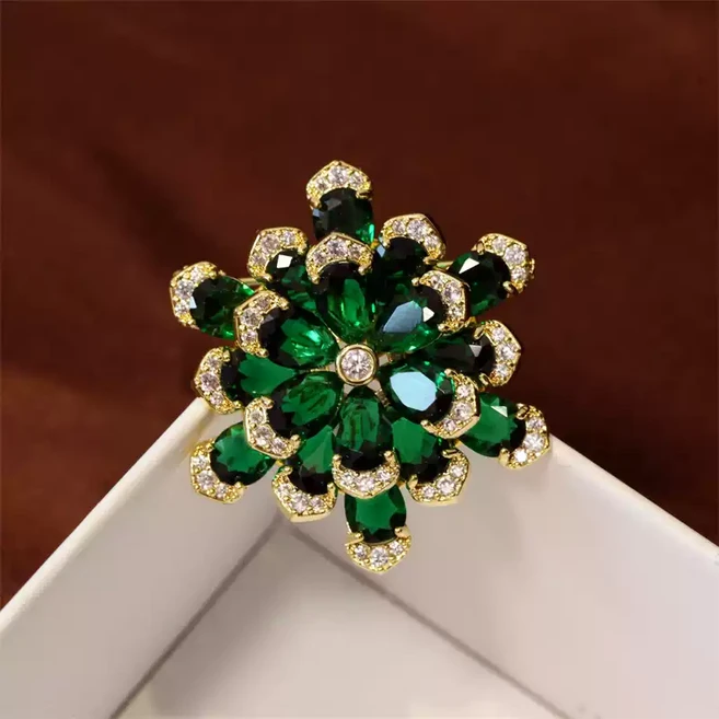 그린 에메랄드 꽃 브로치 여성용 고급 골드 큐빅 장식 꽃 모양 브로치 정장 코트 웨딩 액세서리 선물