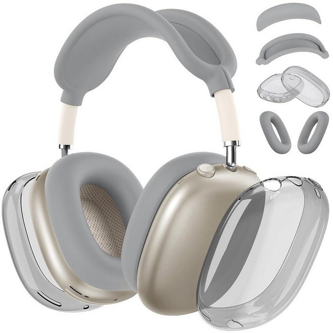 [4 in 1] 에어팟[호환] 맥스 헤드폰용 실리콘 케이스 커버 투명하고 부드러운 TPU 이어 컵 커버/이어 패드 케이스/헤드밴드 맥스2024/2020 맥스USB-C용 투명 액, Clear Gray-T