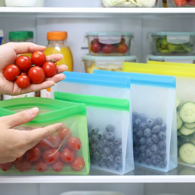 POTTI 실리콘 지퍼백 다회용 스탠딩 친환경 저장팩, 12개, 1세트, 혼합