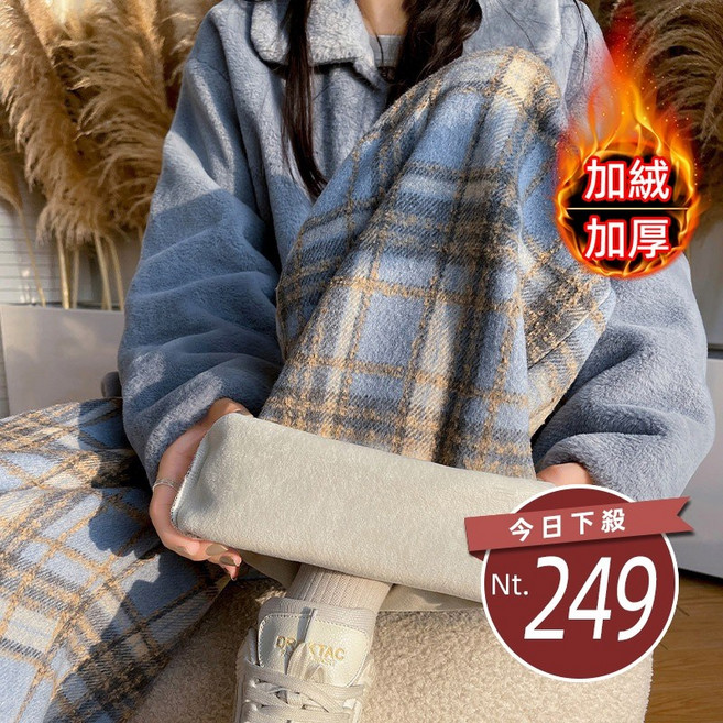 韓版加厚加絨保暖寬鬆復古格子寬褲