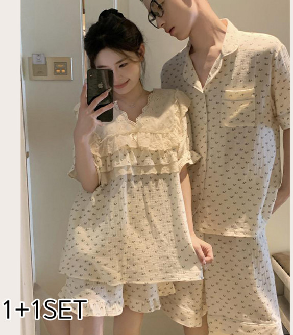 [1+1할인 / 커플세트할인] 앵두크림 여름반팔 커플파자마세트 (반팔반바지 커플잠옷 남성 여성 홈웨어 잠옷 생일 커플템 봄 선물 신혼부부)