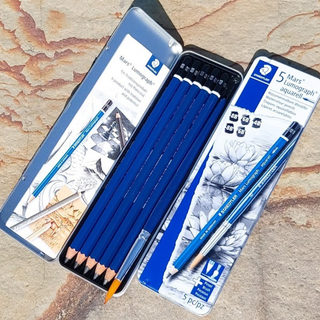 스테들러 수채화연필+붓 6본세트 Mars® Lumograph aquarell 100A Metal tin, 1세트