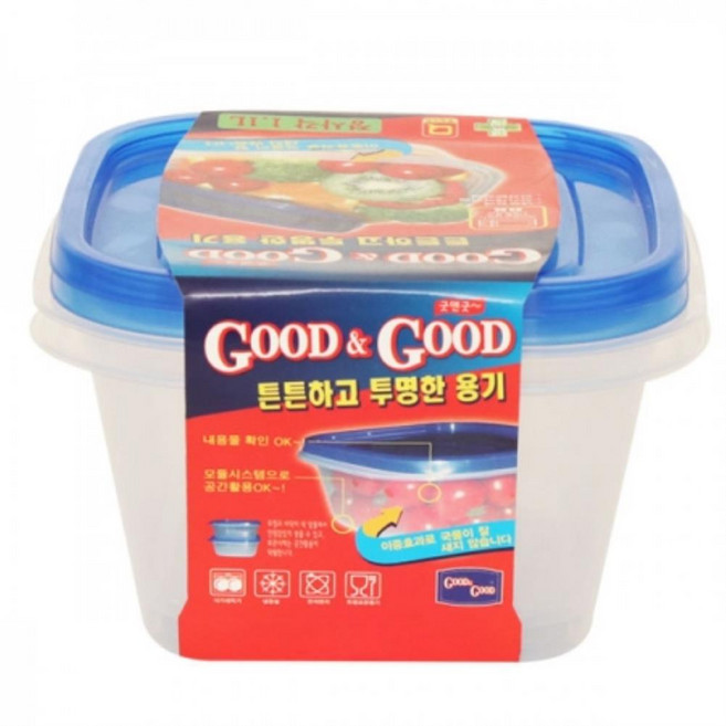 굿앤굿 정사각 지퍼락 보관용기 (1.1L) 2P 플라스틱밀폐용기 밀폐용기 플라스틱용기 보관용기 반찬통 김치통 양념통 야채통 파통 지퍼락 도시락통 전자레인지용, 상품선택
