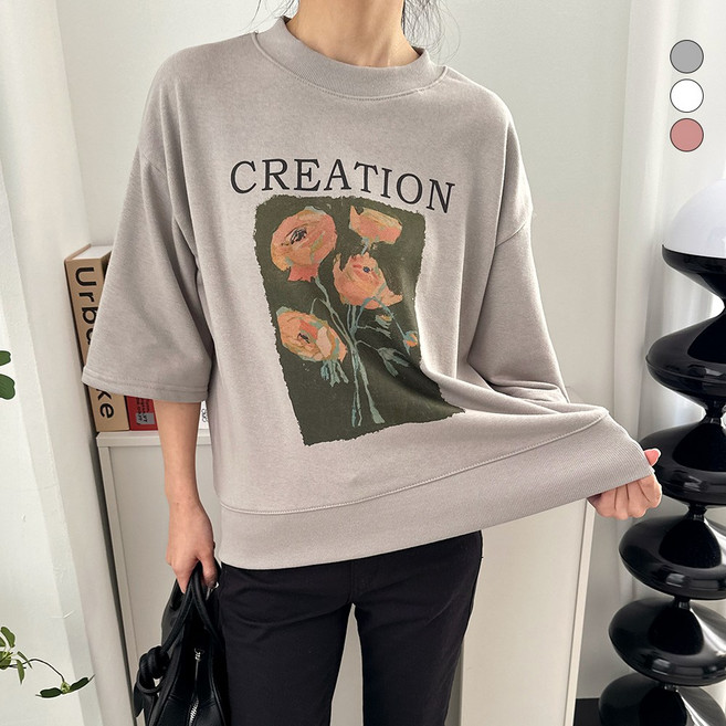 디테일웨어 여성 디지털 로즈 나염 7부소매 반팔 맨투맨 티셔츠 오버핏 임부복 빅사이즈 고퀄리티 여자티셔츠